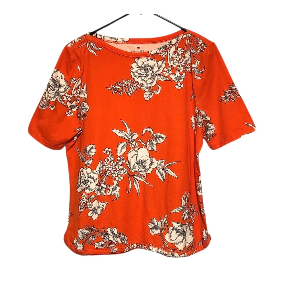 Talbots Petites Short Sleeve Tshirt Boat Neck Orange White Flowers Womens XL-P